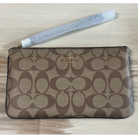 NWT Coach Signature PVC Large Wristlet Khaki/Midnight F58695